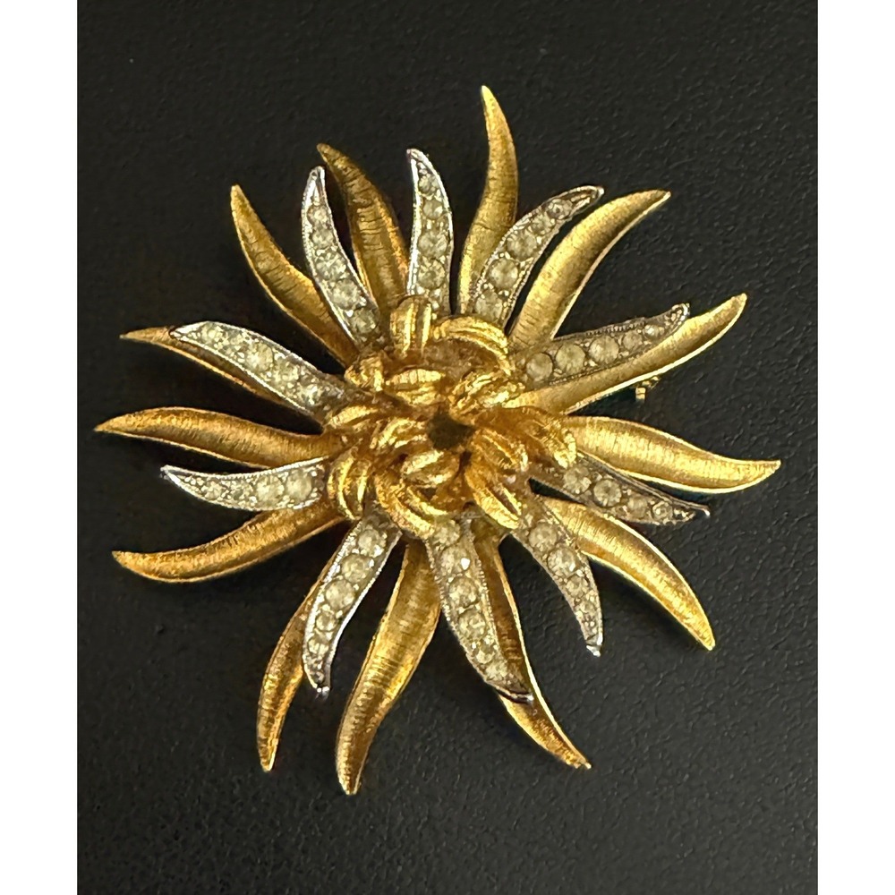 Vintage CORO Rhinestone Brooch Sunburst Floral Gold Tone Silver Tone